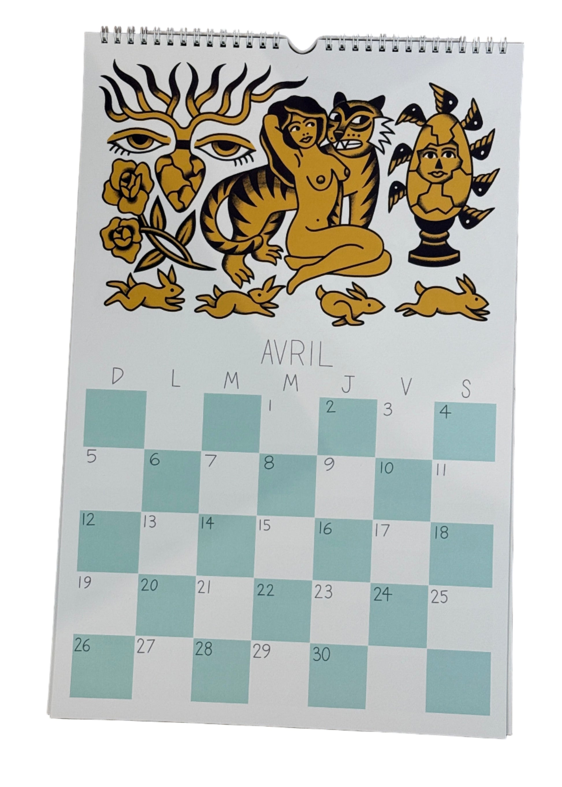 Calendar with decorative designs on a white background