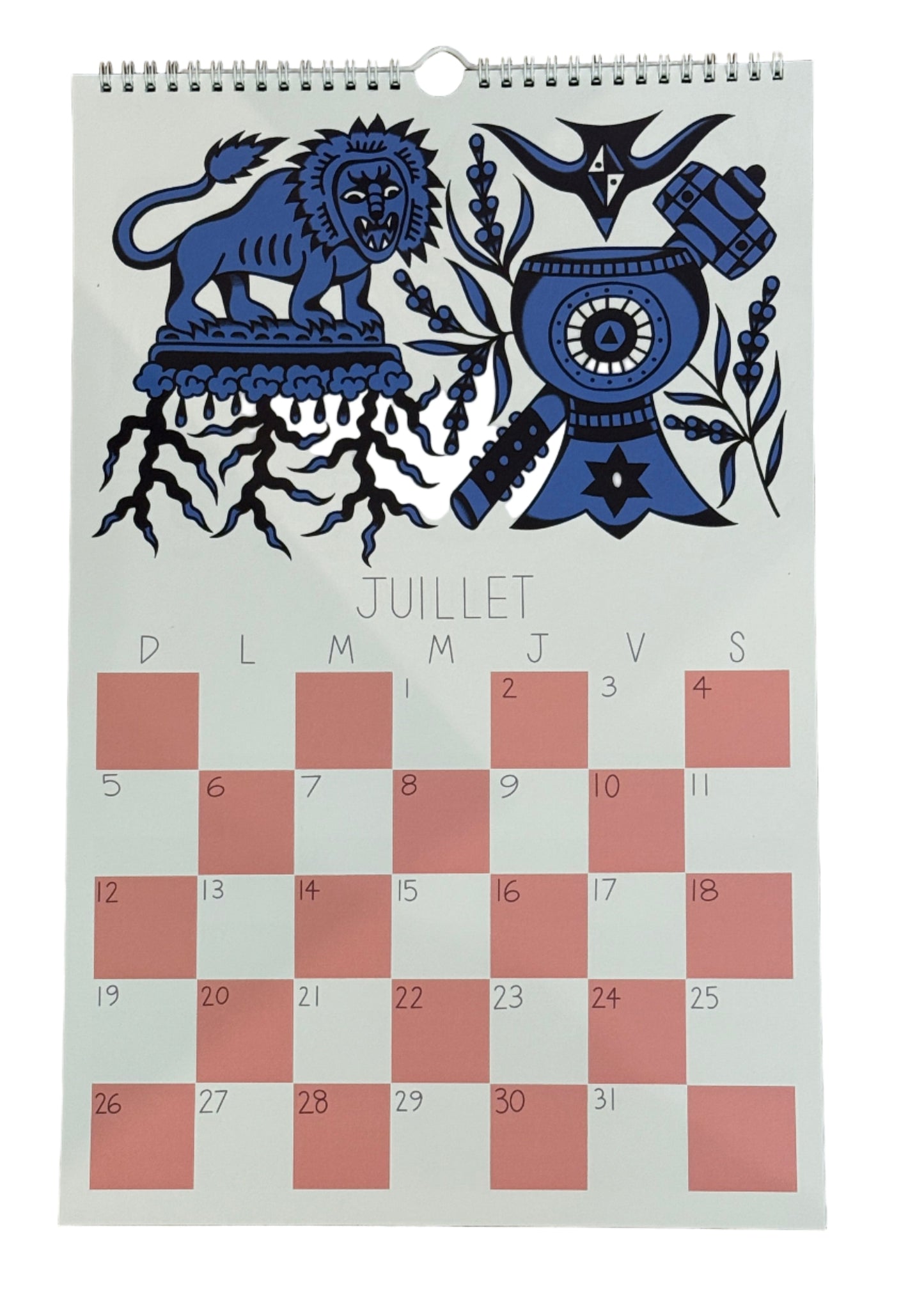 Calendar with blue decorative designs on a white background