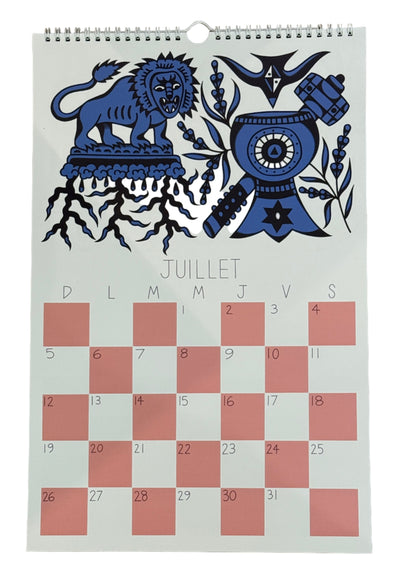 Calendar with blue decorative designs on a white background