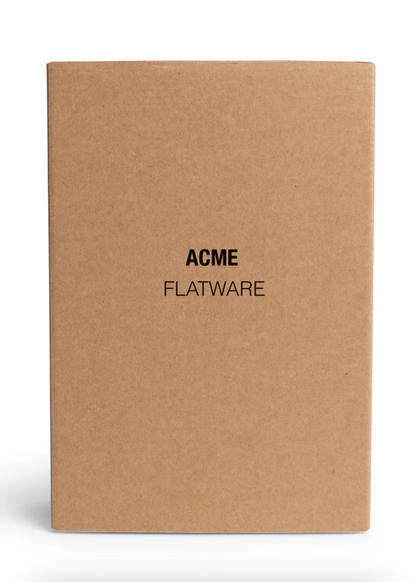 Brown notebook with 'ACME' and 'FLATWARE' text on a white background