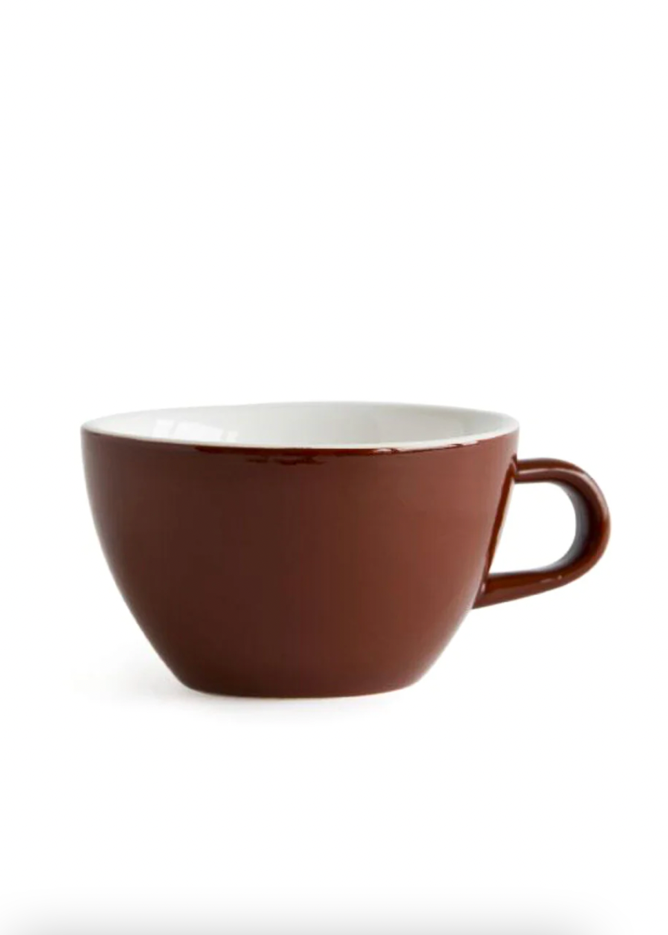 Brown ceramic cup with a white interior on a white background