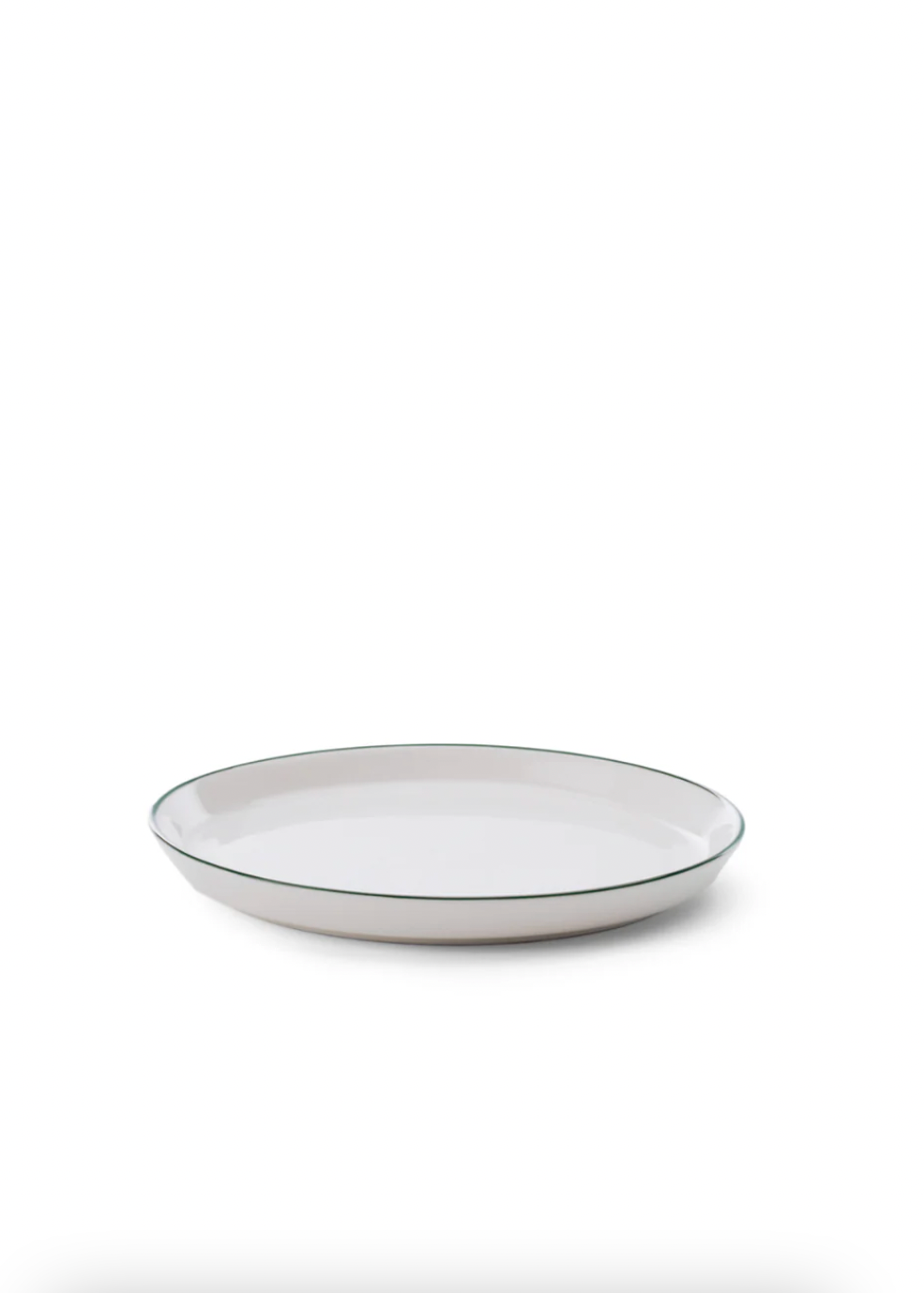 White ceramic bowl with a thin black rim on a white background