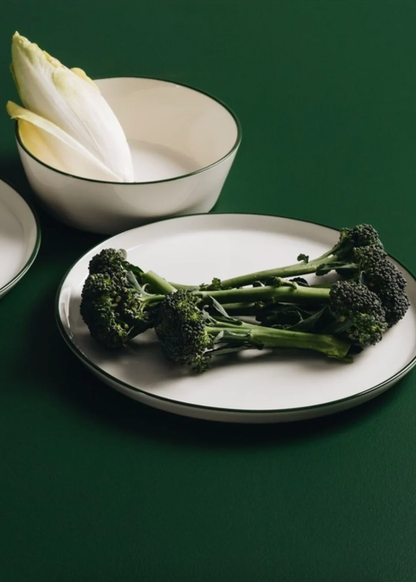 Broccoli on a white plate with a green background
