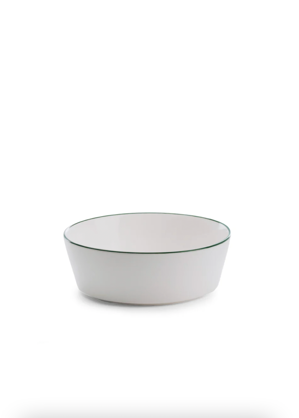 White bowl with a green rim on a white background