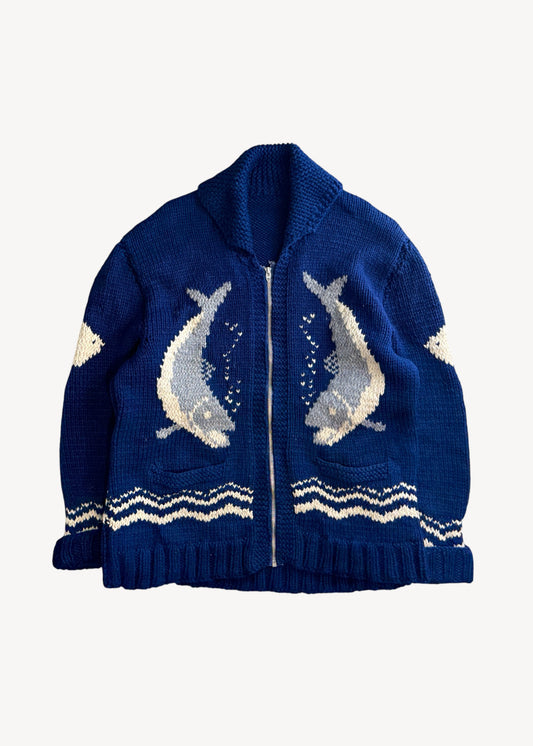 Vintage 1950s/1960s Fish Cowichan Style Wool Cardigan Size L/XL