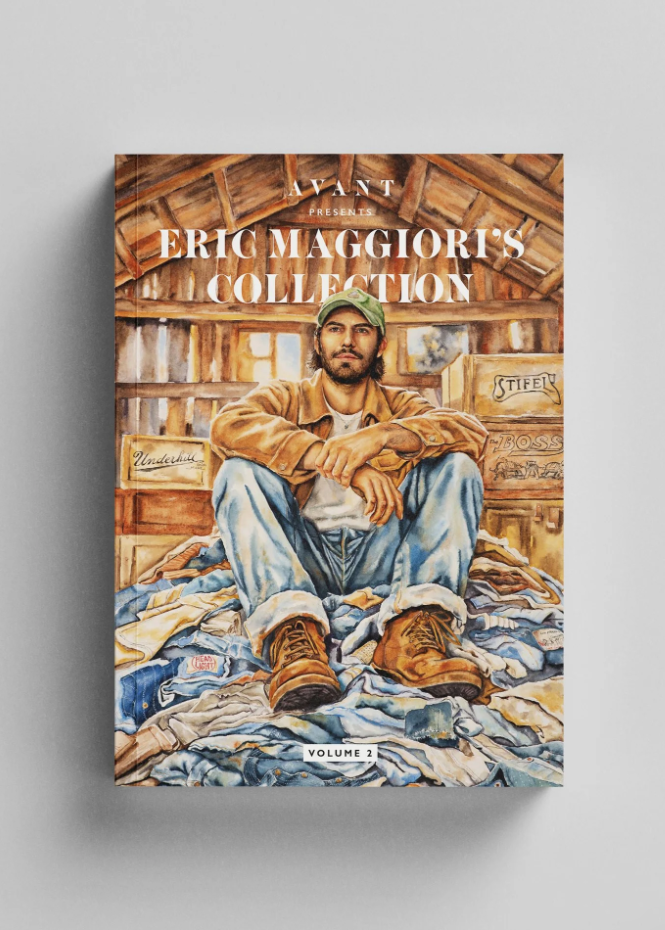 Book cover an featuring an illustration of Eric Maggiori sitting on a pile of vintage denim in an old barn with wooden walls and 'Eric Maggiore's Collection' text.