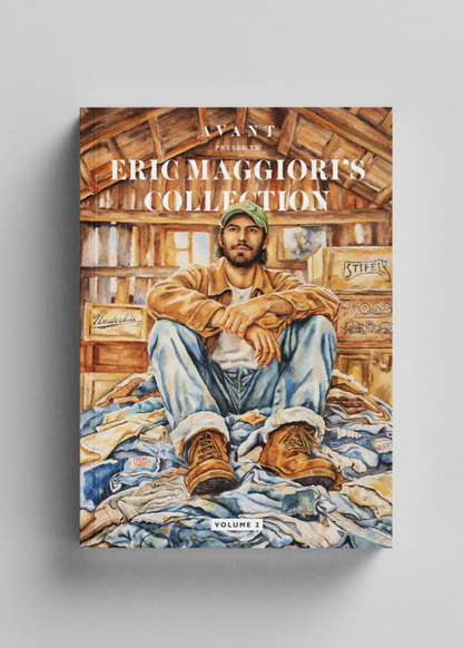 Book cover an featuring an illustration of Eric Maggiori sitting on a pile of vintage denim in an old barn with wooden walls and 'Eric Maggiore's Collection' text.