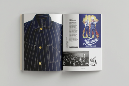 Open book showing a vintage denim jacket and Klemm Overalls branding