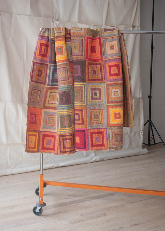 1990s Block and Stripe Pattern Quilt Blanket Size Queen