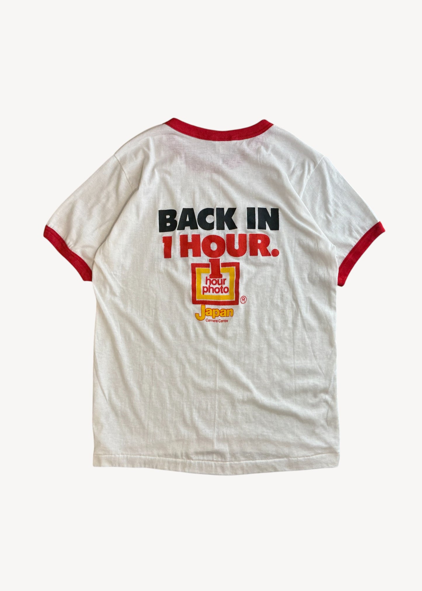 Vintage 1980s Japan Camera "I Got Mine Back in 1 Hour" Ringer T-Shirt Size M/L