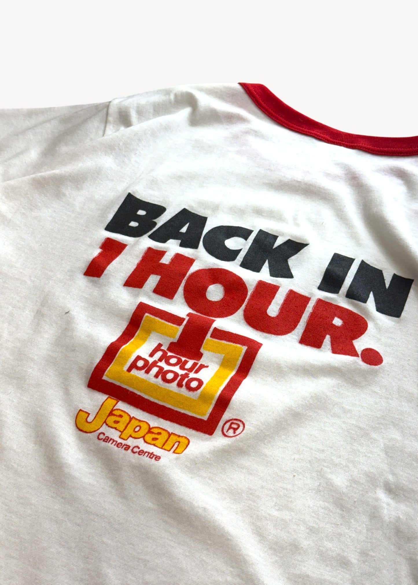 Vintage 1980s Japan Camera "I Got Mine Back in 1 Hour" Ringer T-Shirt Size M/L