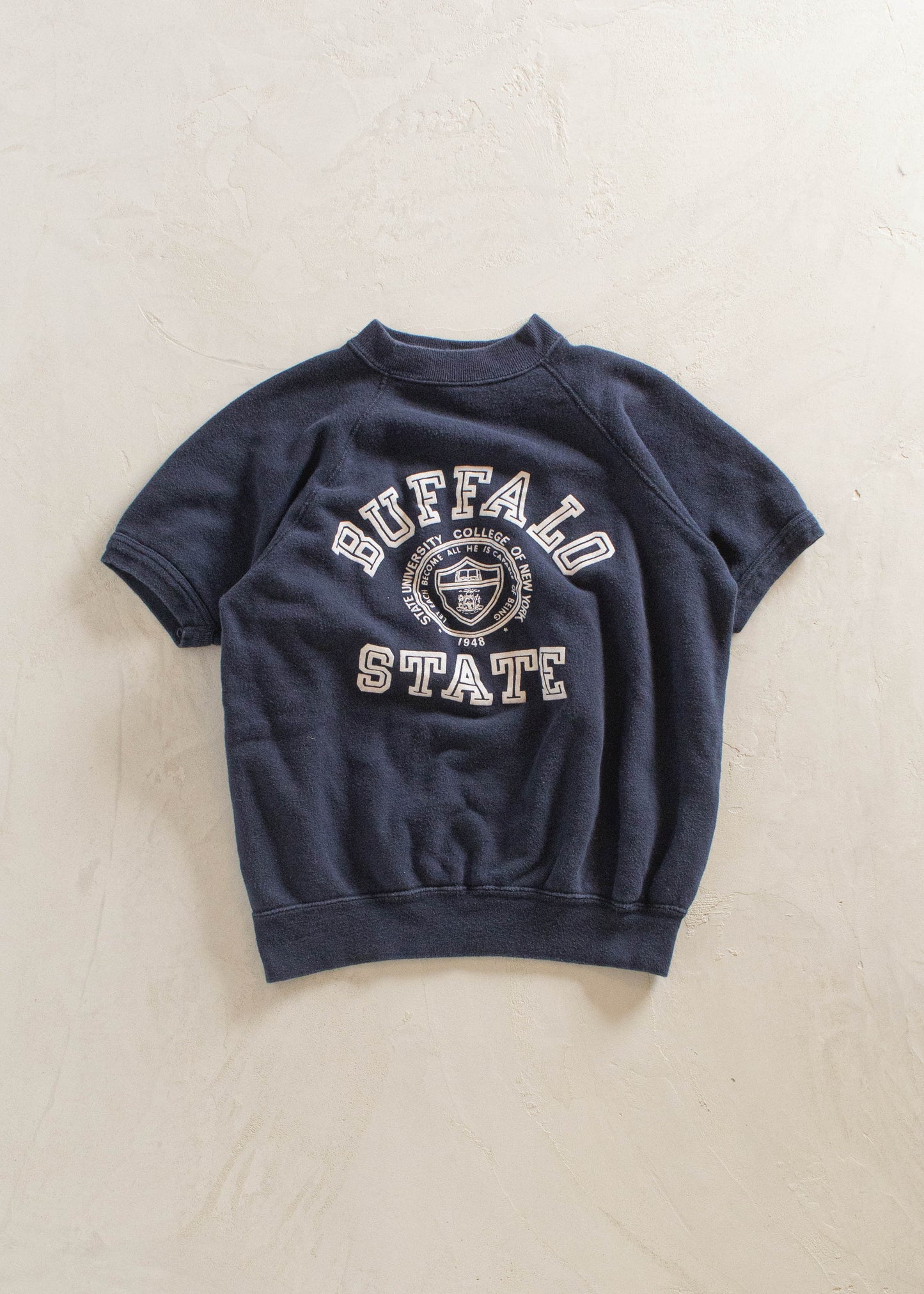 1970s Champion Blue Bar Buffalo State Short Sleeve Sweatshirt Size S/M