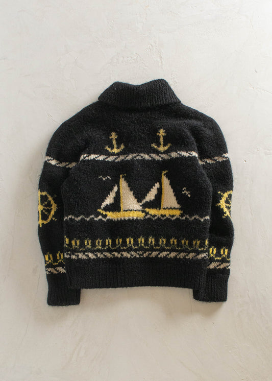 1980s Sail Boat Pattern Cowichan Style Wool Cardigan Size S/M