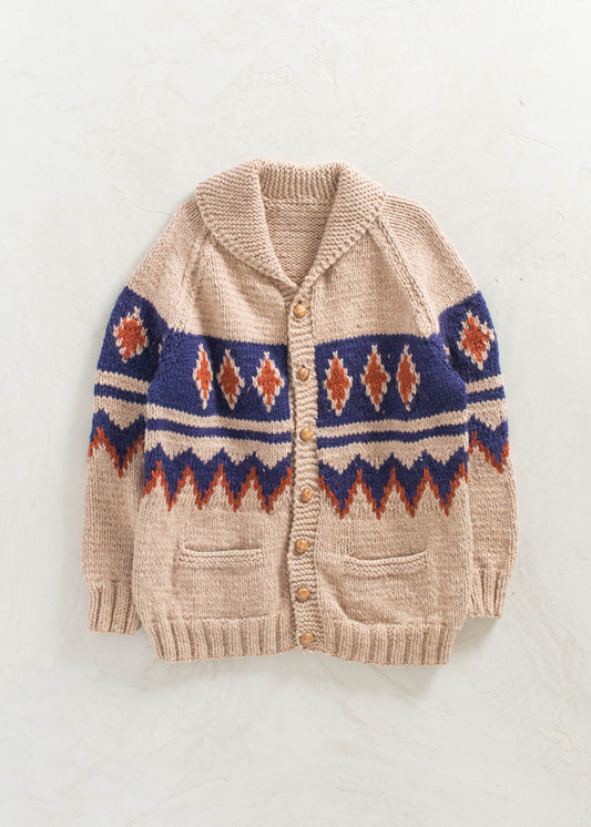 Vintage 1980s Geometric Pattern Cowichan Style Wool Cardigan Size M/L
