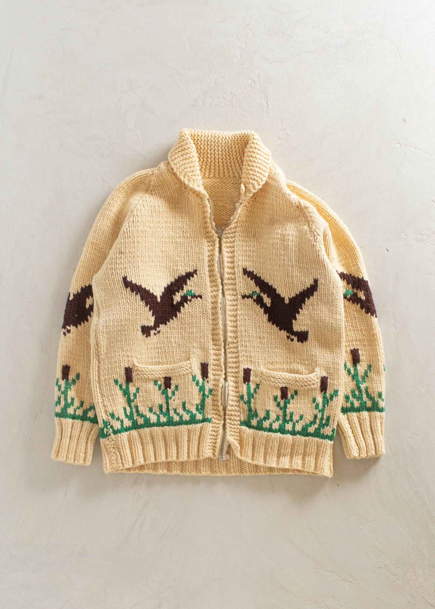 1980s Bird Pattern Cowichan Style Wool Cardigan Size M/L