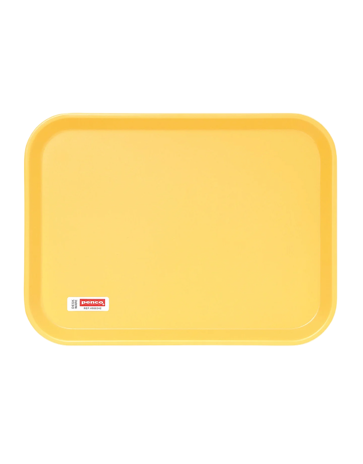 Yellow tray with a brand label on a white background