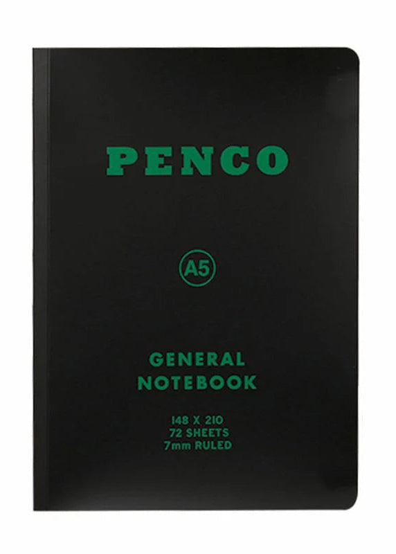 Black notebook with green text displaying 'Penco' and product details on a white background