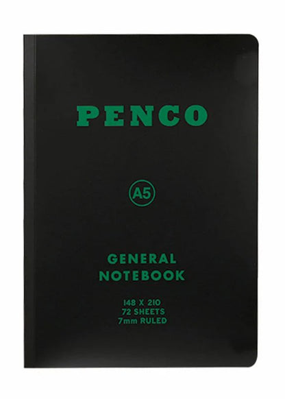 Black notebook with green text displaying 'Penco' and product details on a white background
