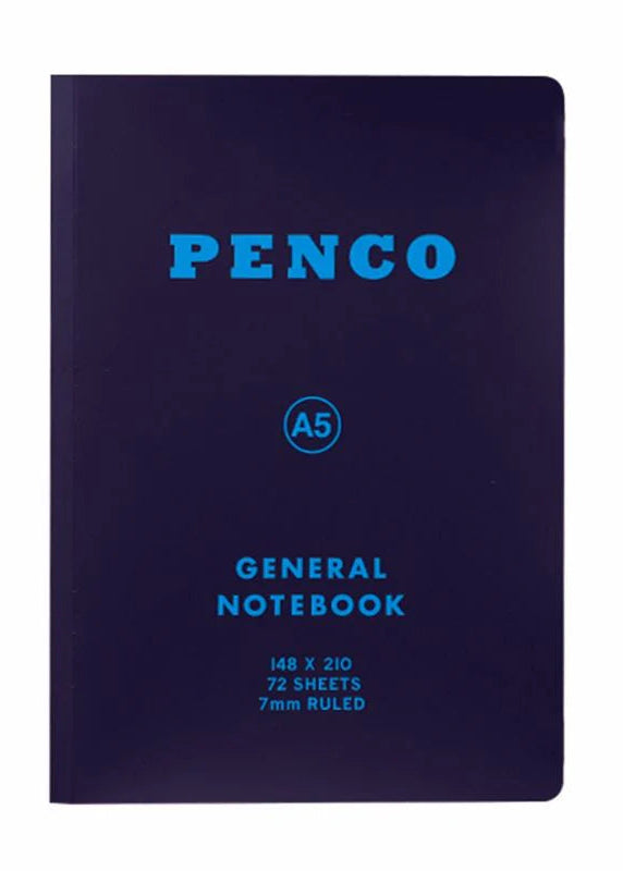 Navy blue notebook with 'Penco' branding and specifications on a white background