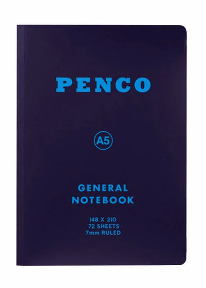 Navy blue notebook with 'Penco' branding and specifications on a white background