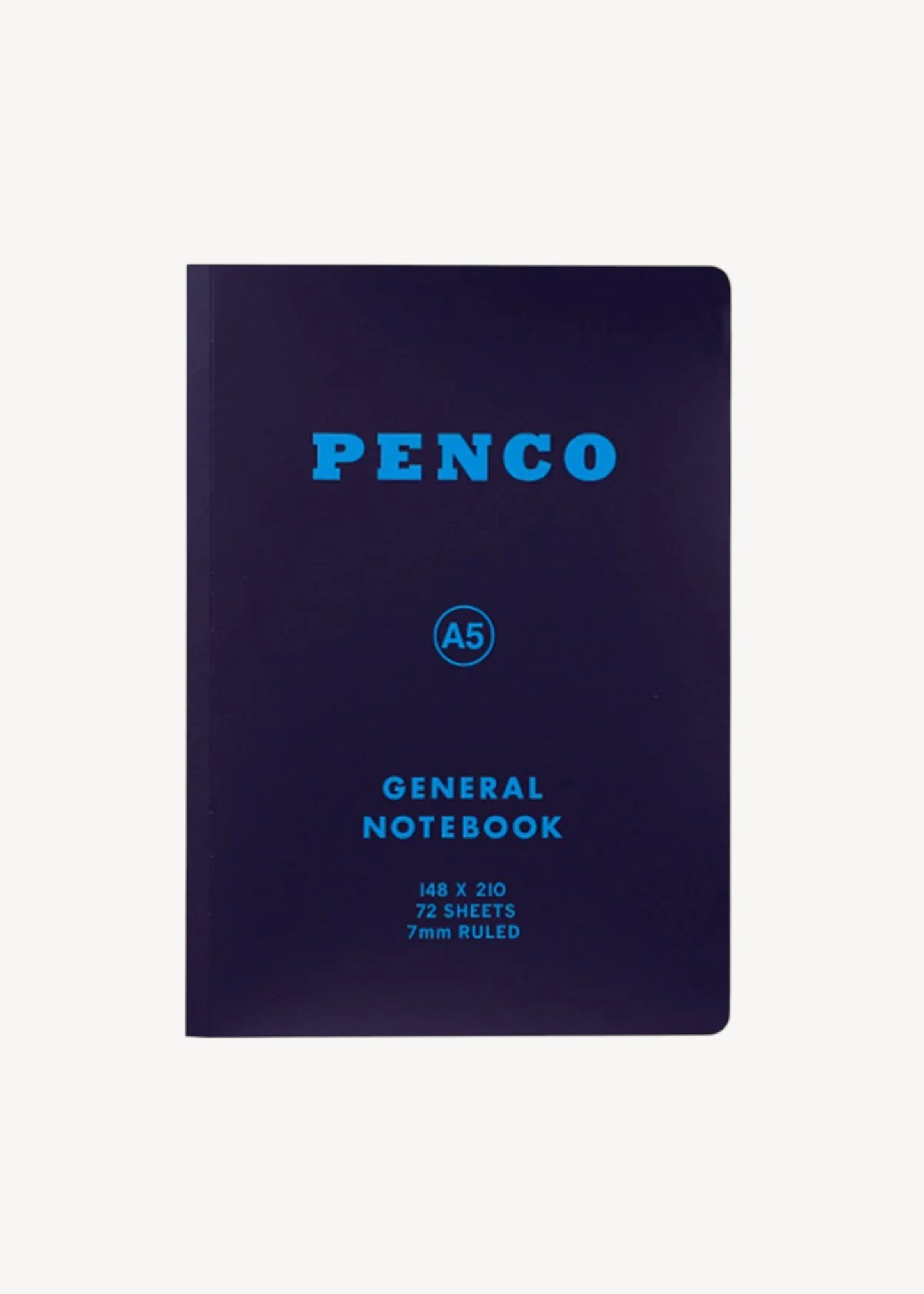 Penco A5 general notebook with blue text on a white background