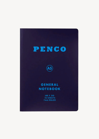 Penco A5 general notebook with blue text on a white background