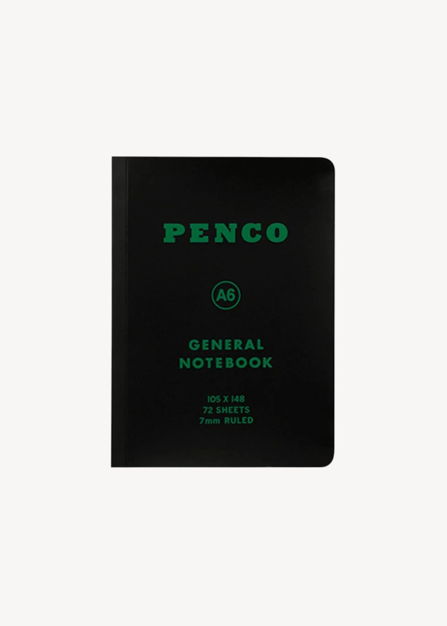 Black notebook with green text on a white background