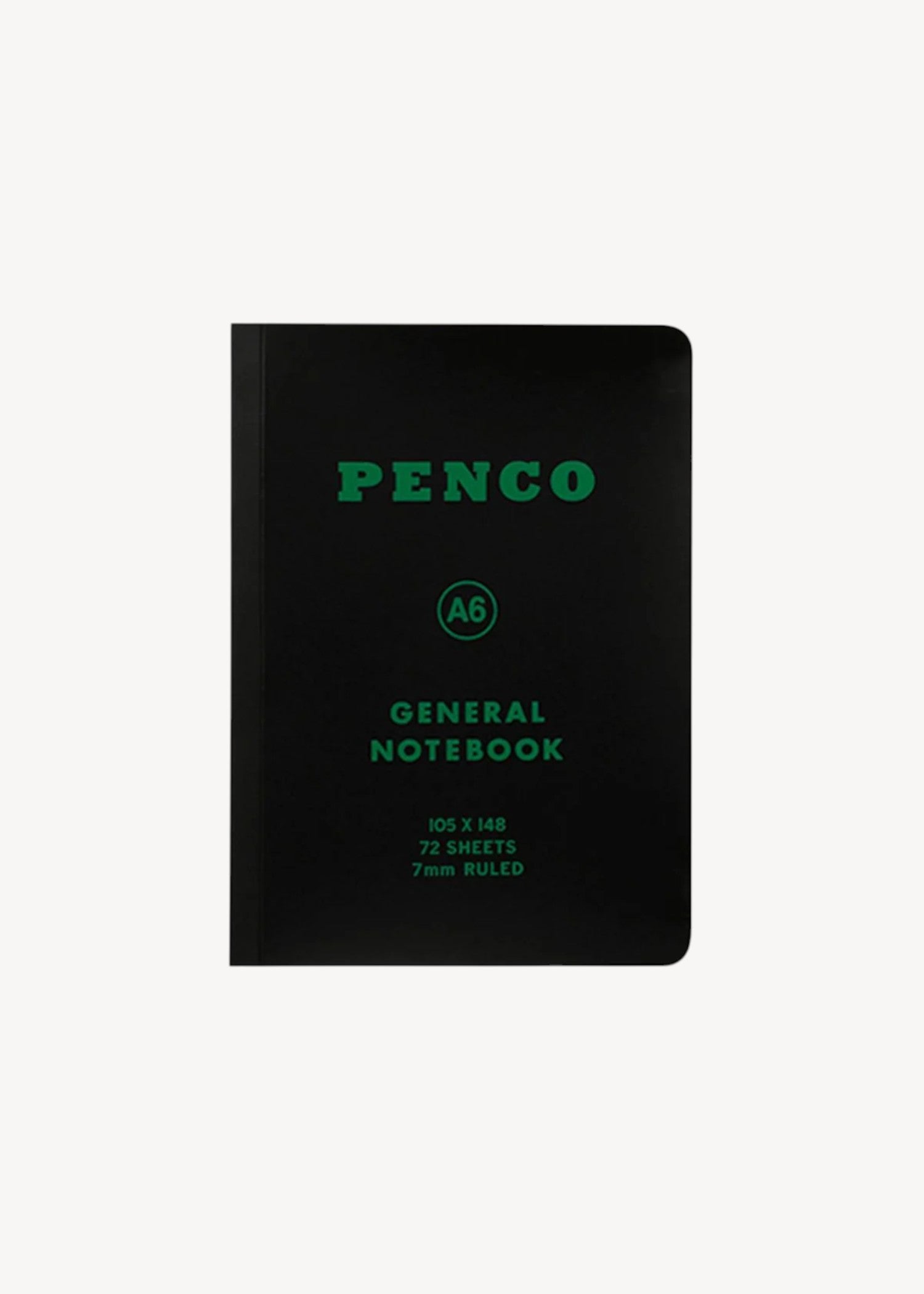 Black notebook with green text on a white background