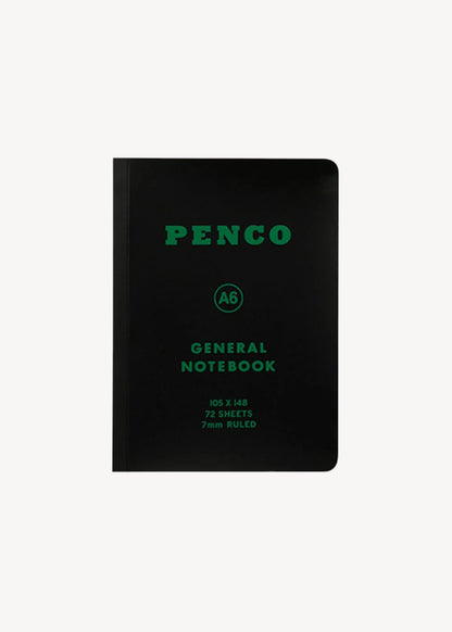 Black notebook with green text on a white background