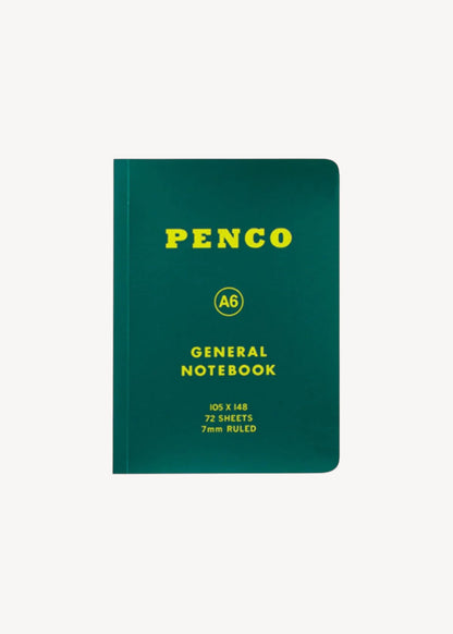 Green notebook with yellow text on a white background