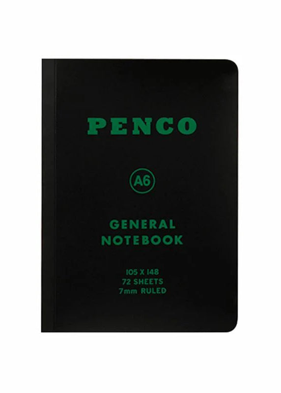 Black notebook with green text on a white background