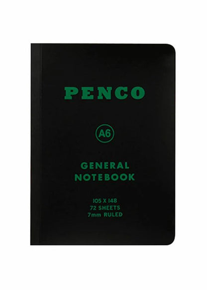 Black notebook with green text on a white background