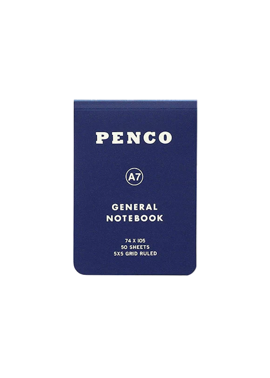 Blue notebook with 'Penco' branding on a gray background