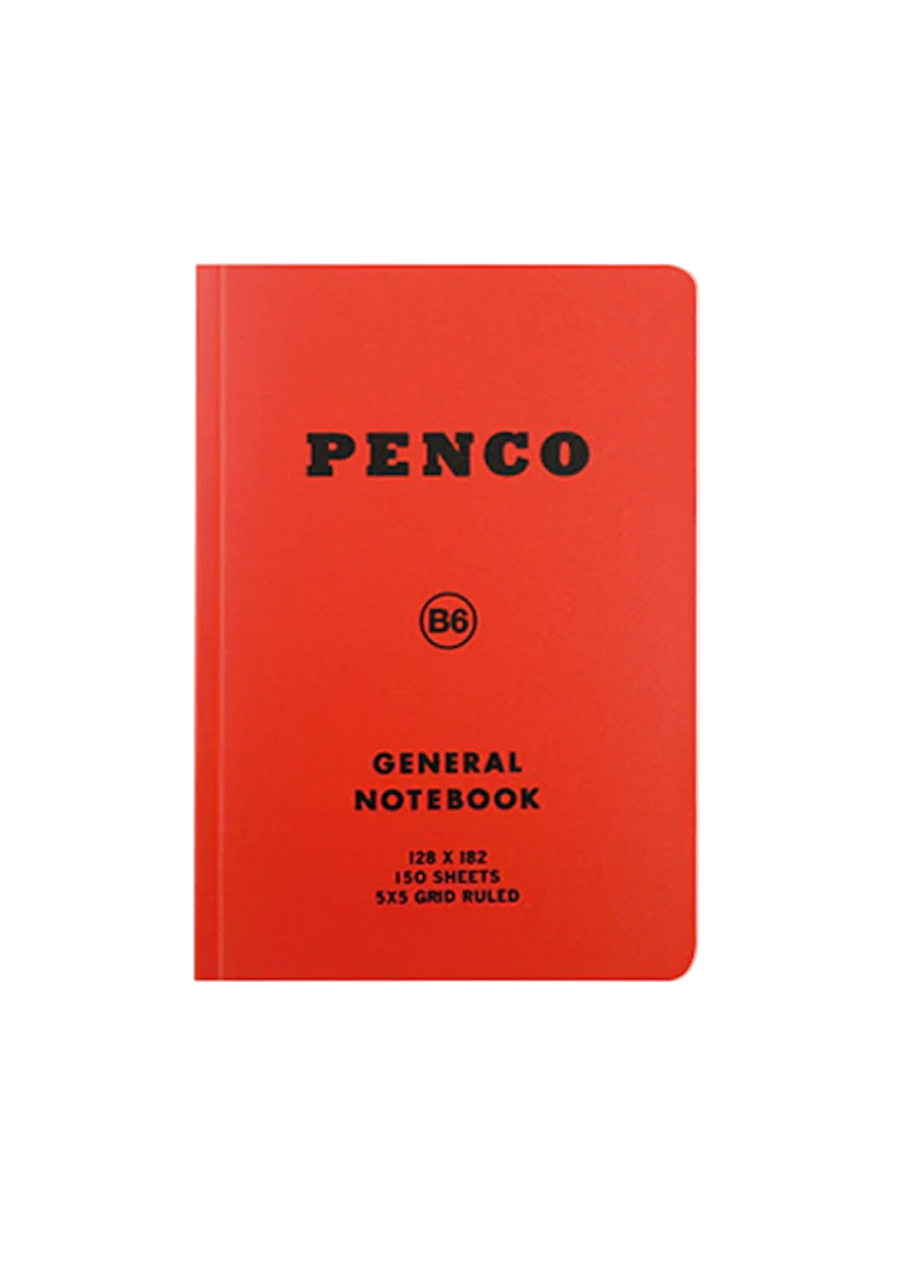 Red notebook with 'Penco' branding on a gray background