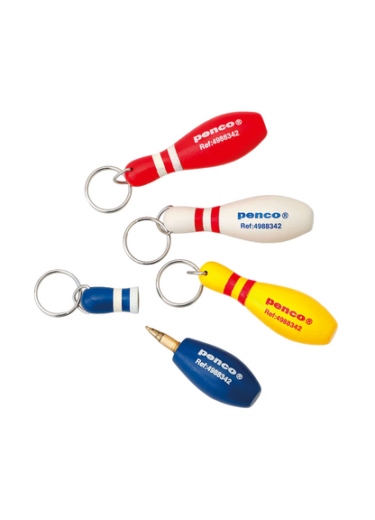 Set of five colorful keychains in the shape of bowling pins with 'penco' branding on a white background