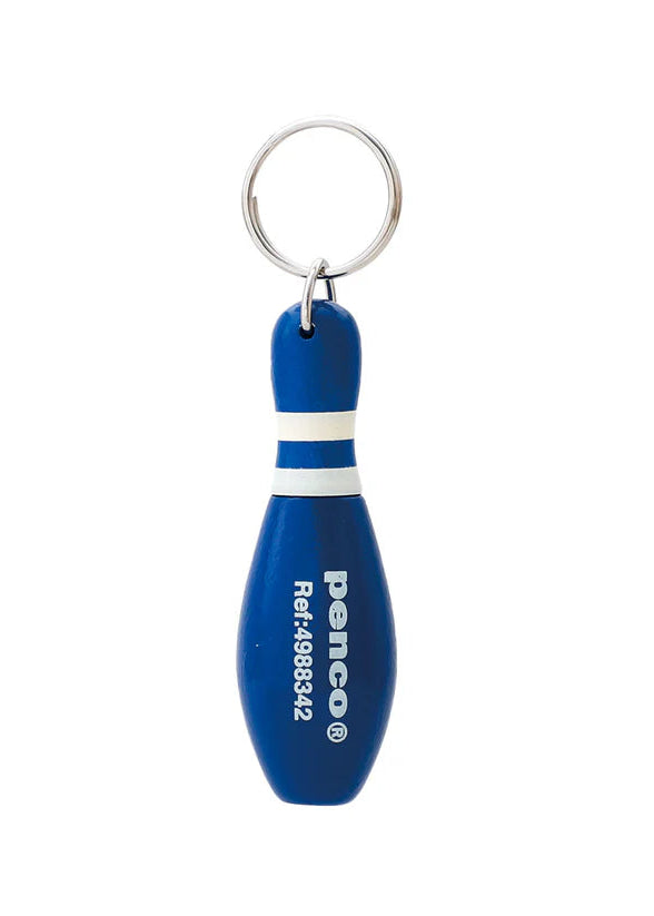 Blue bowling pin keychain with white stripe and 'Penco' branding on a white background