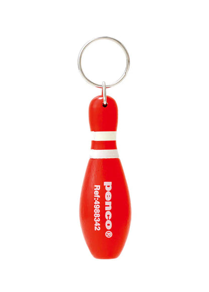 Red bowling pin keychain with white stripe and 'Penco' branding on a white background