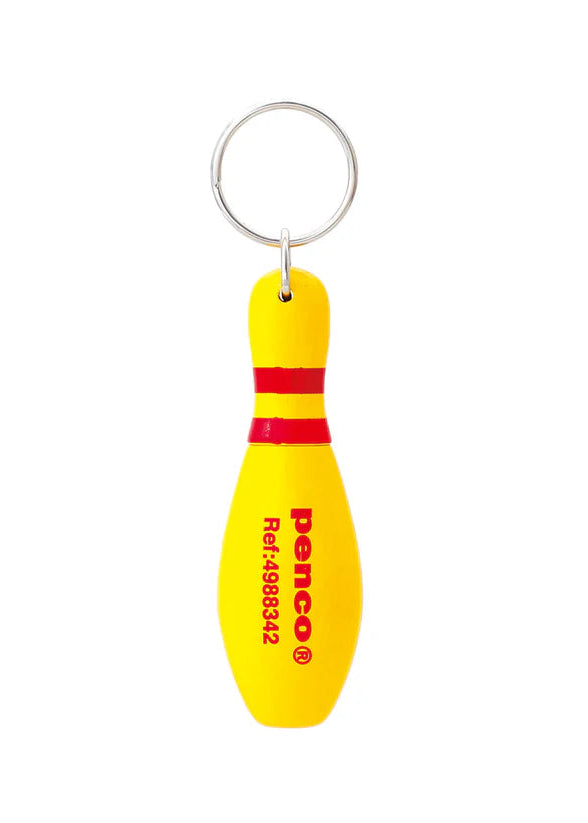 Yellow bowling pin keychain with red accent and 'Denco' branding on a white background