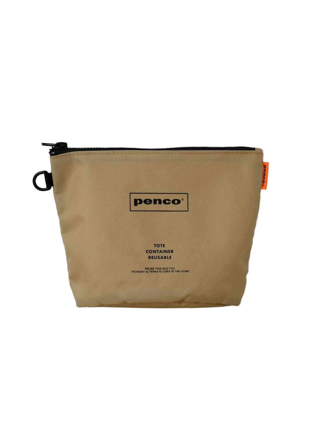Beige pouch with a black zipper and 'penco' branding on a white background