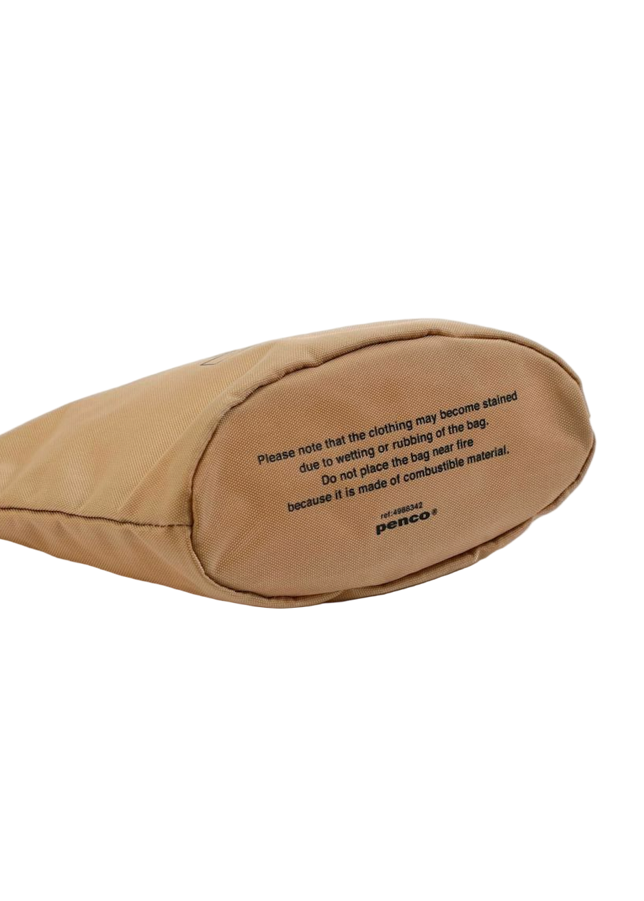 Beige pouch on it's side with text on a white background