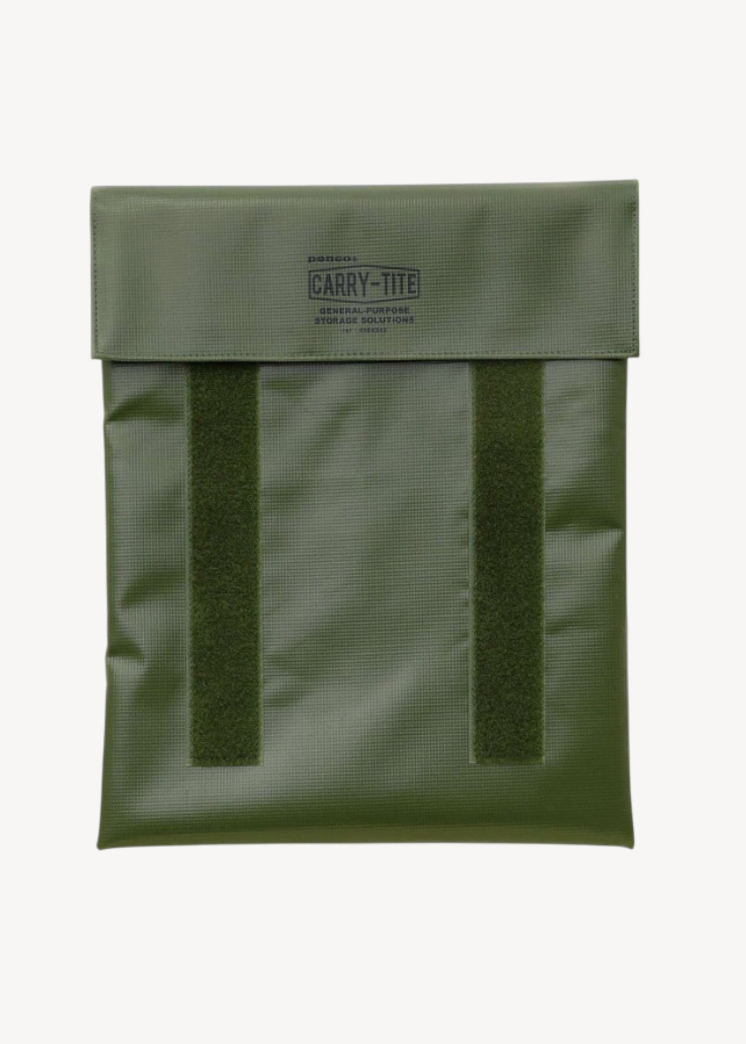 Green pouch with mesh straps on a white background