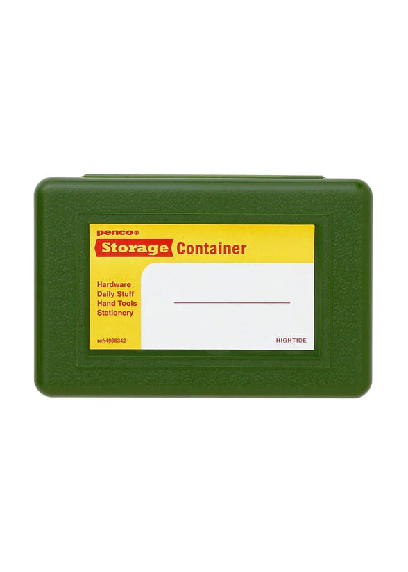 Green storage container with a yellow label on a white background