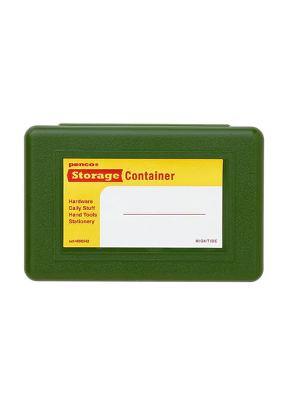 Green storage container with a yellow label on a white background