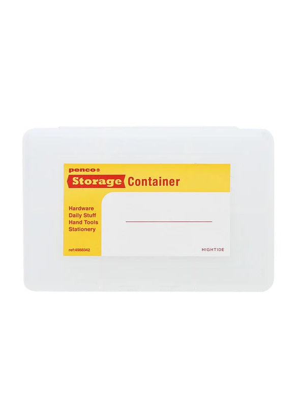 White storage container with yellow label on a white background