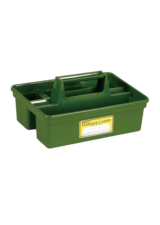 Green storage caddy with a yellow label on a white background