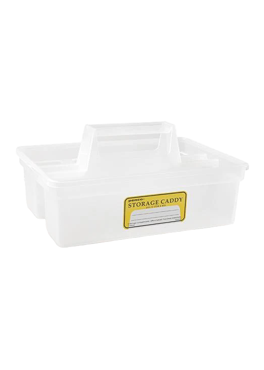 Clear plastic storage caddy with a yellow label on a white background