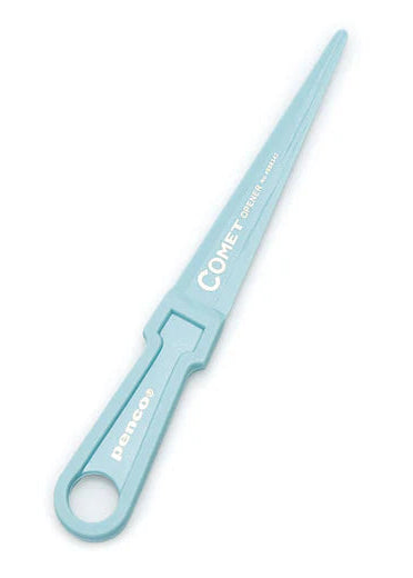 Light blue plastic letter opener with 'Penco' branding on a white background