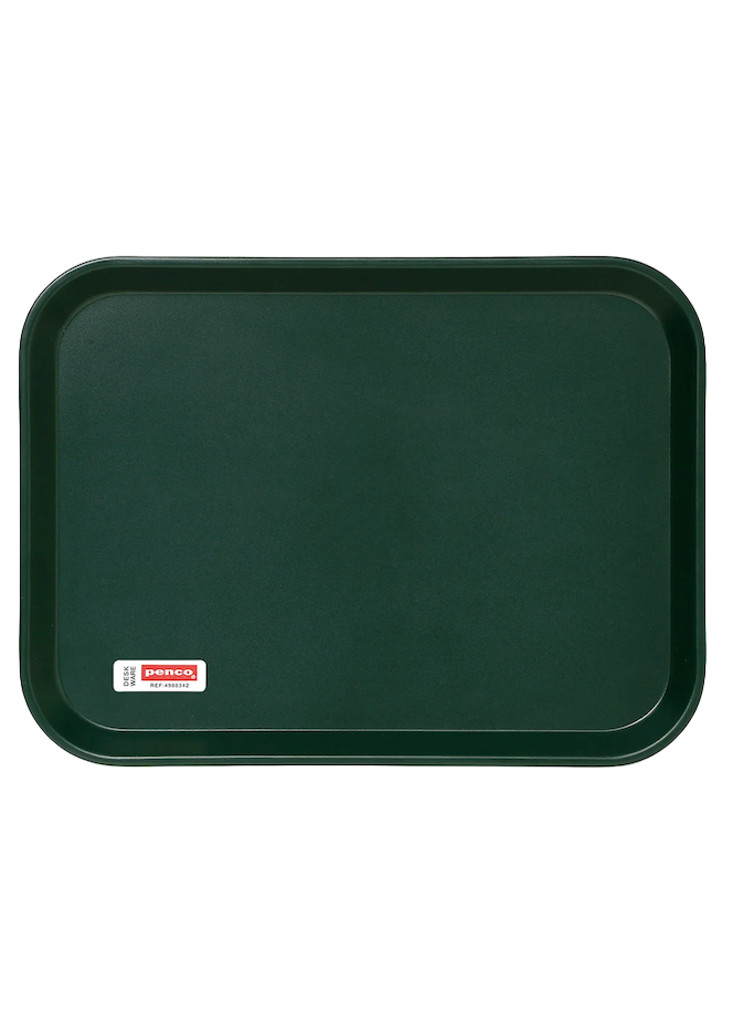 Green tray with a brand label on a white background