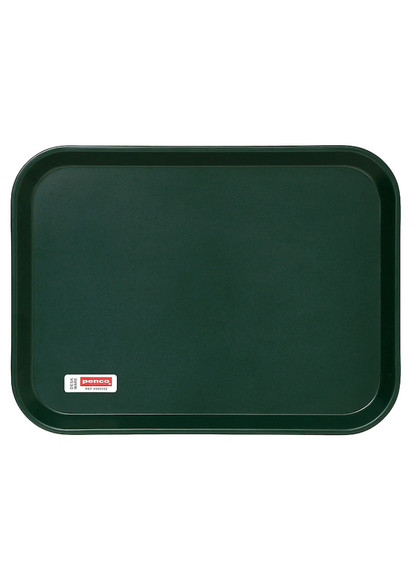 Green tray with a brand label on a white background