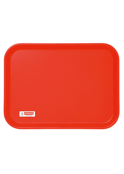 Red tray with a brand logo on a white background